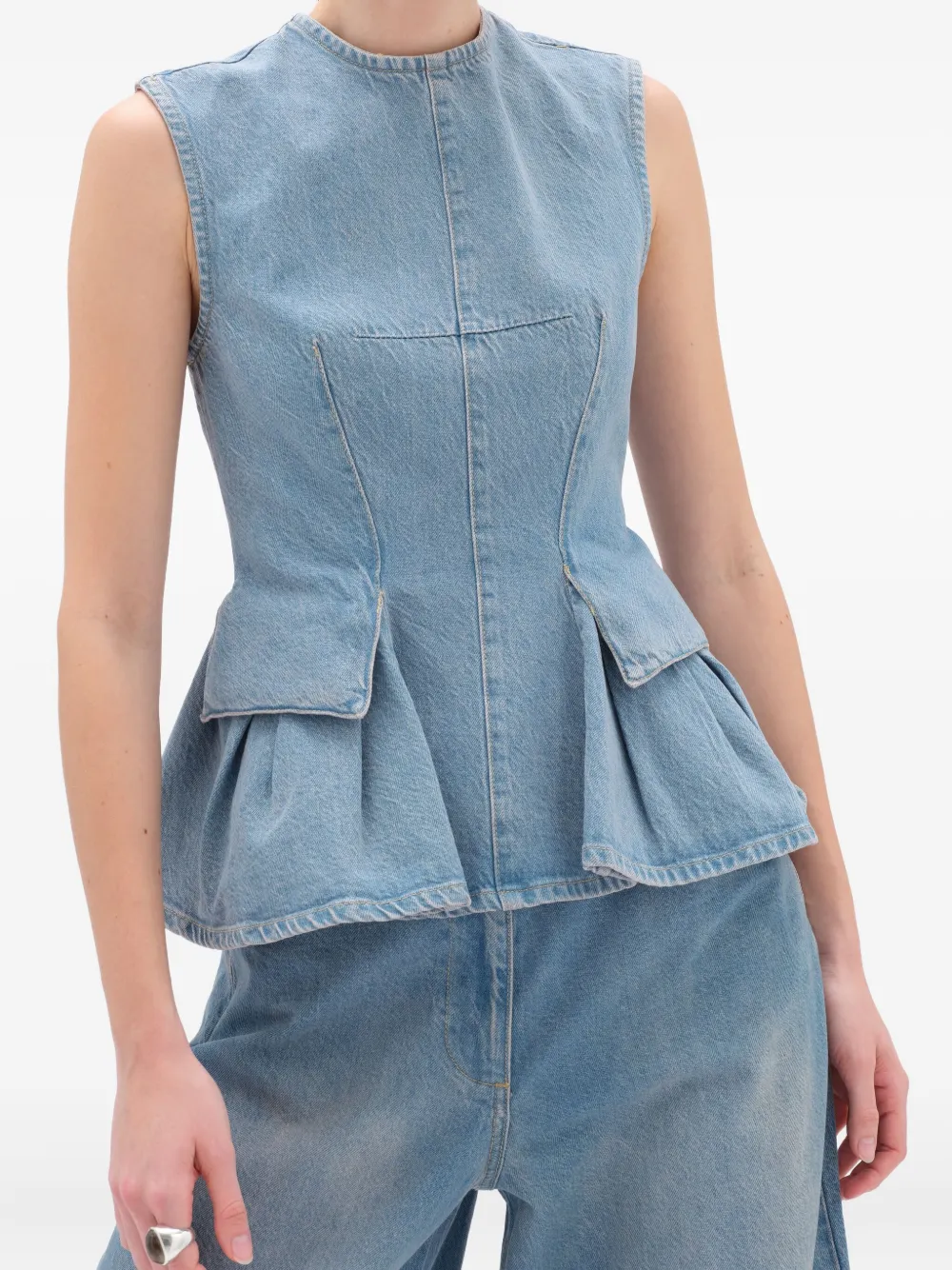 REMAIN Peplum sleeveless denim top Blauw