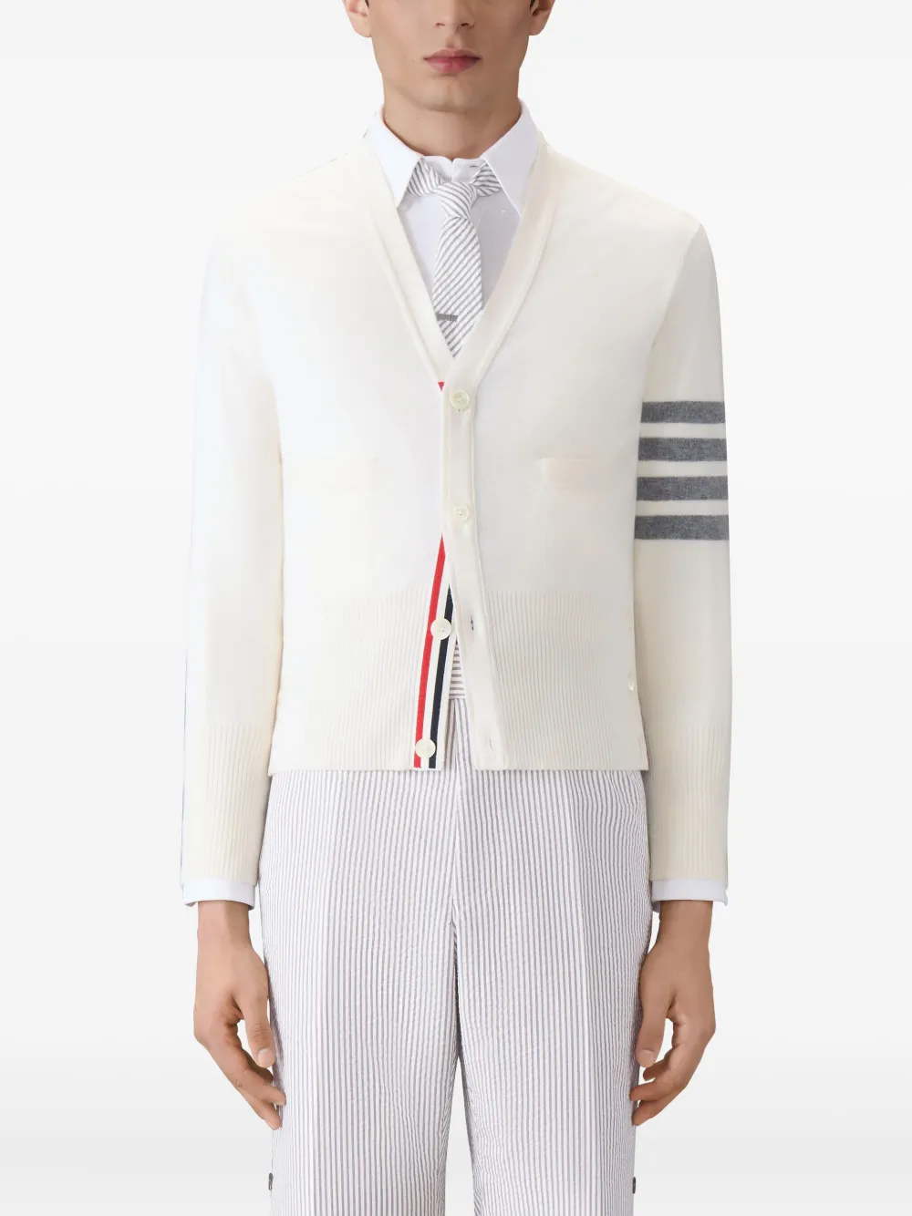 Thom Browne four-bar V-neck cardigan 100 WHITE