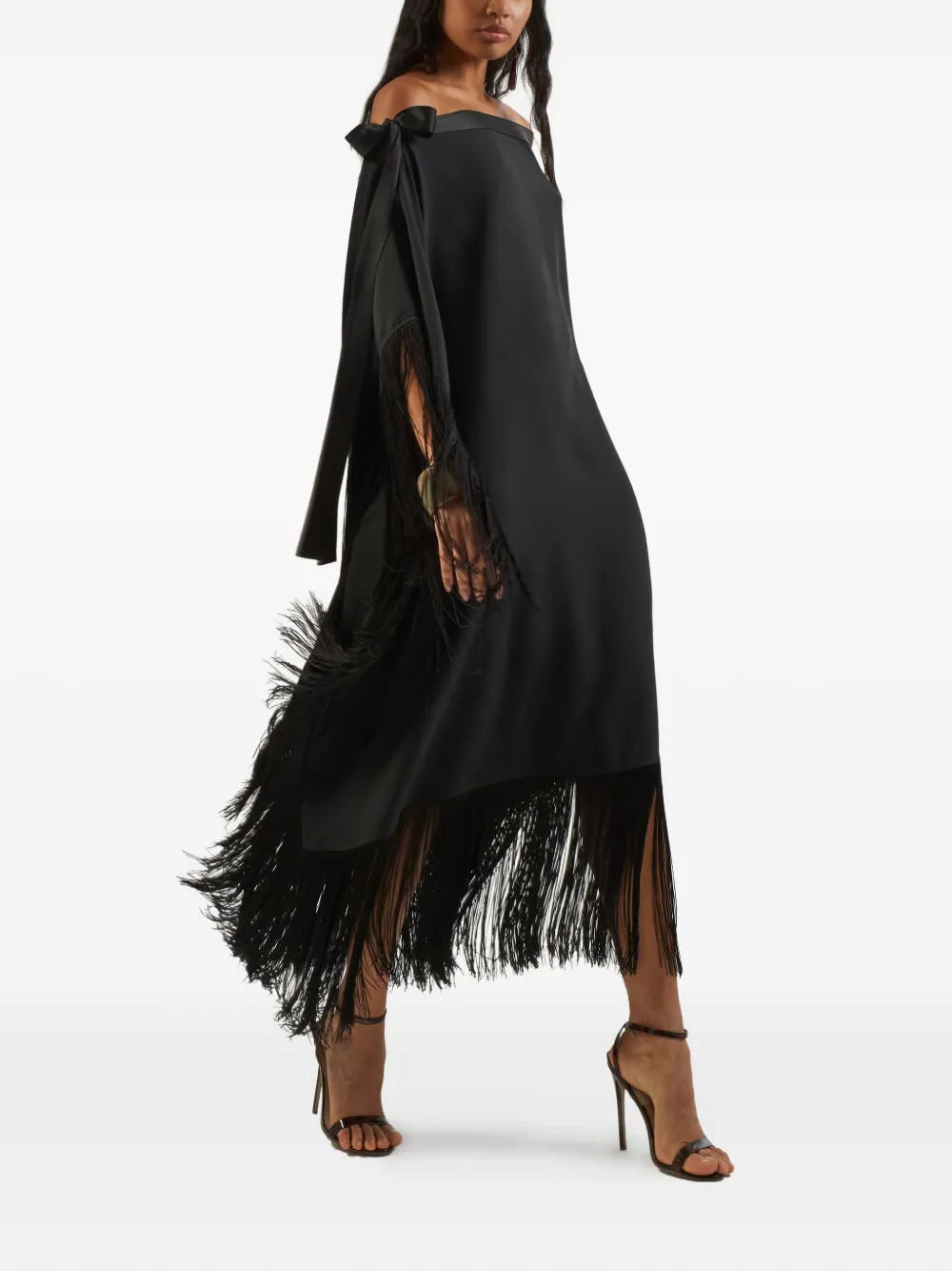 Taller Marmo Aarons off-shoulder fringed midi dress Zwart