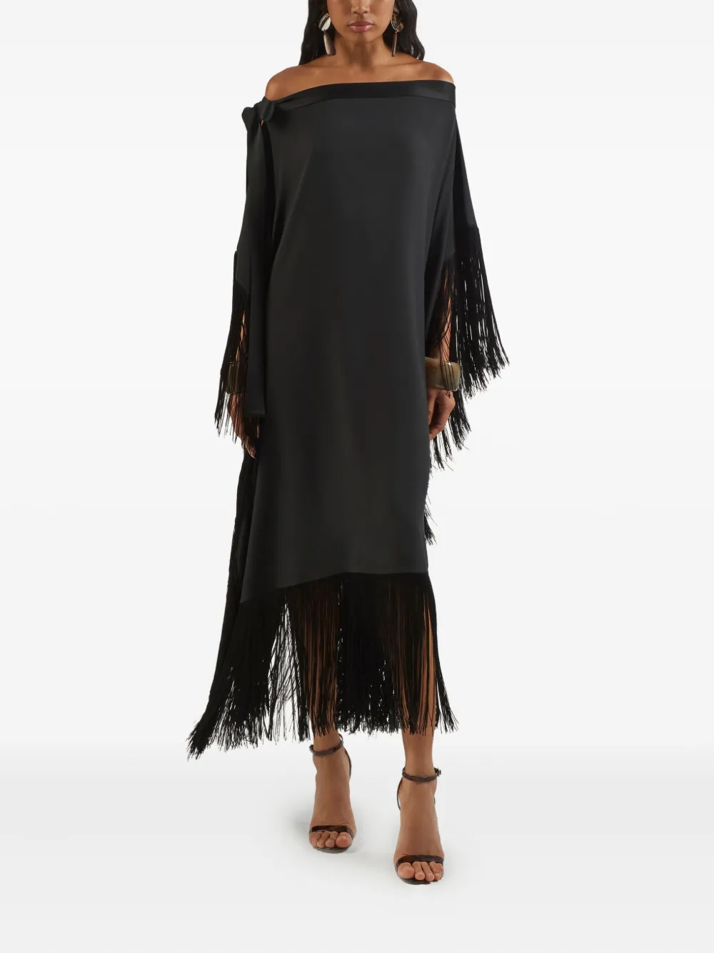 Taller Marmo Aarons off-shoulder midi-jurk met franje - Zwart