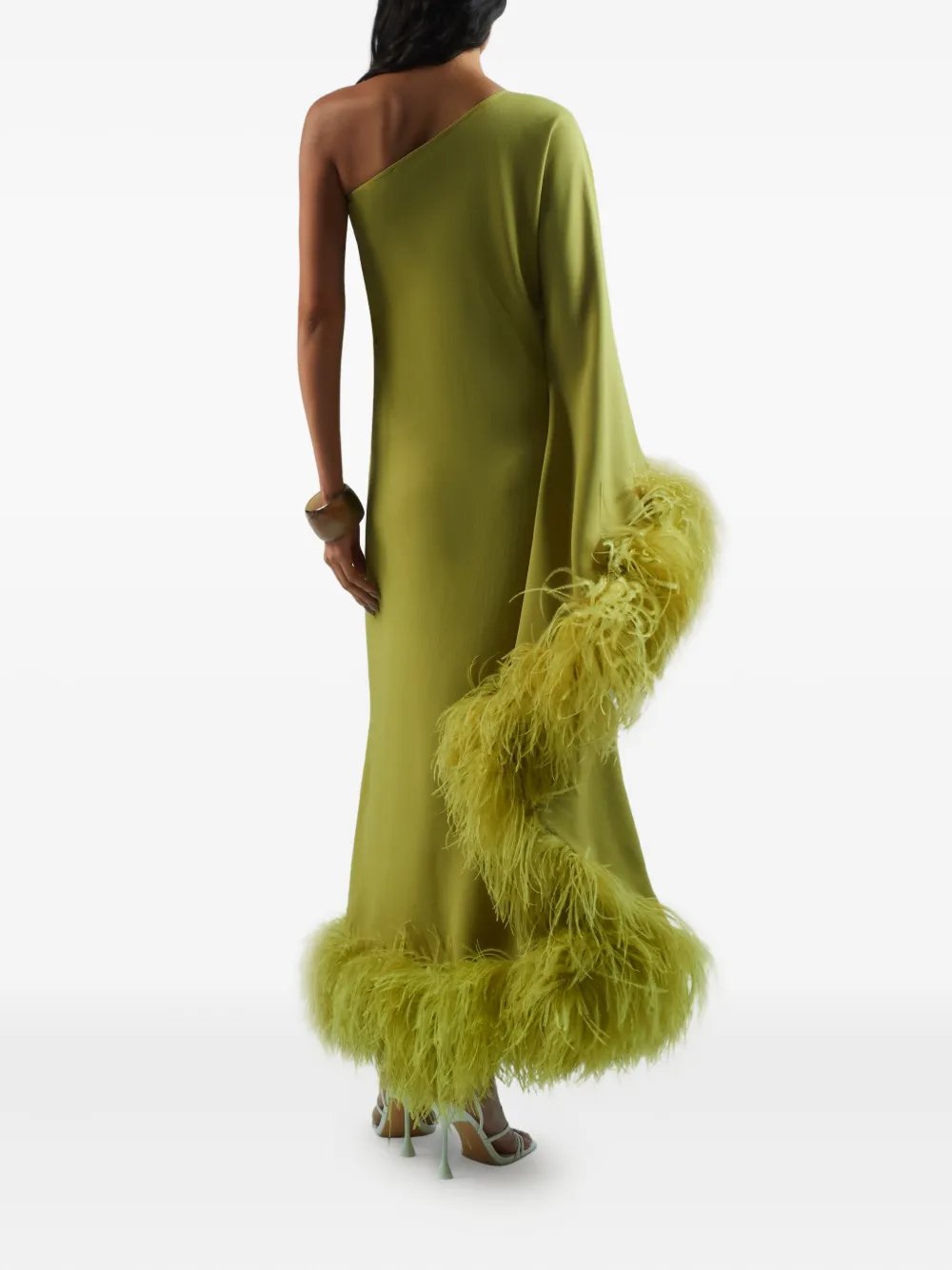 Taller Marmo Baler feather-trimmed one-shoulder maxi dress Groen
