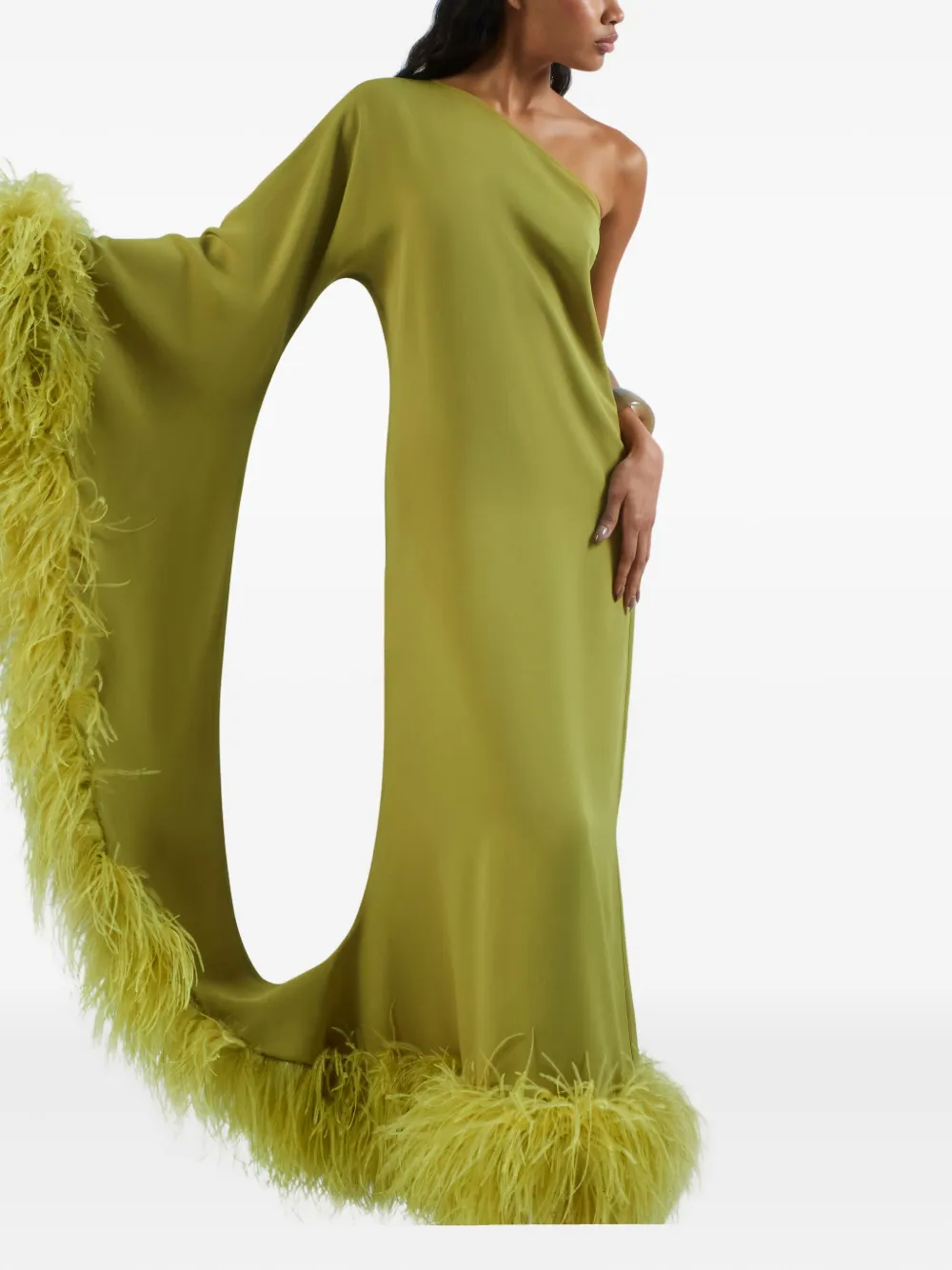 Taller Marmo Baler feather-trimmed one-shoulder maxi dress Groen