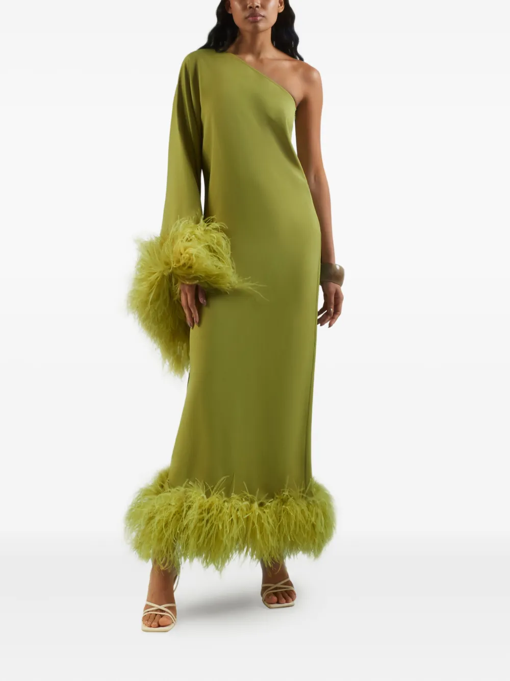 Taller Marmo Baler feather-trimmed one-shoulder maxi dress Groen