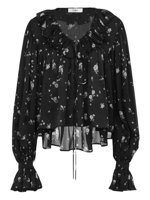 Chloé Ruffled Floral Print Blouse in Black