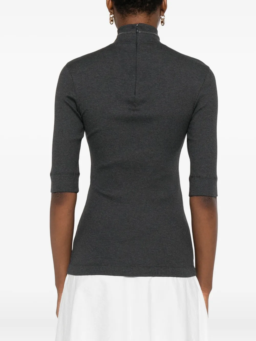 Brunello Cucinelli Short Sleeve Ribbed Turtleneck Top In Gray