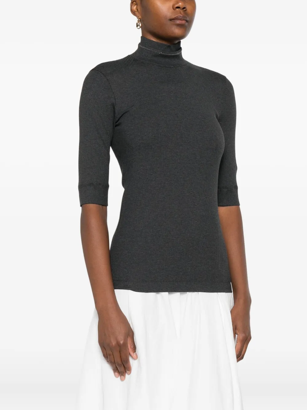 Brunello Cucinelli Short Sleeve Ribbed Turtleneck Top In Gray