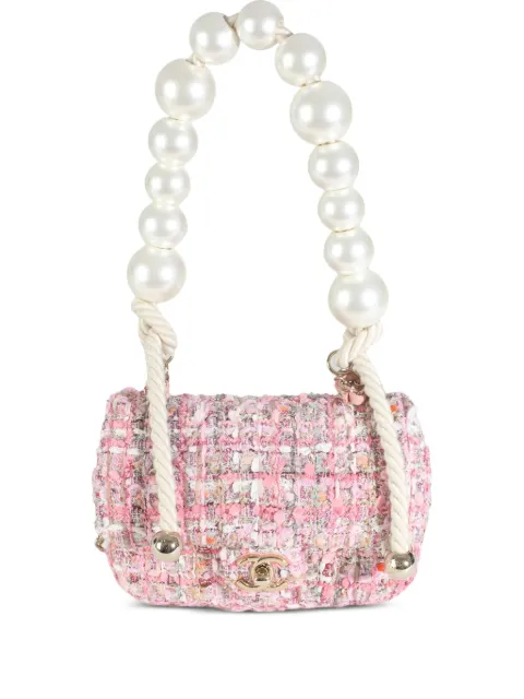CHANEL Pre-Owned 트위드 펄 플랩 미니 숄더 백