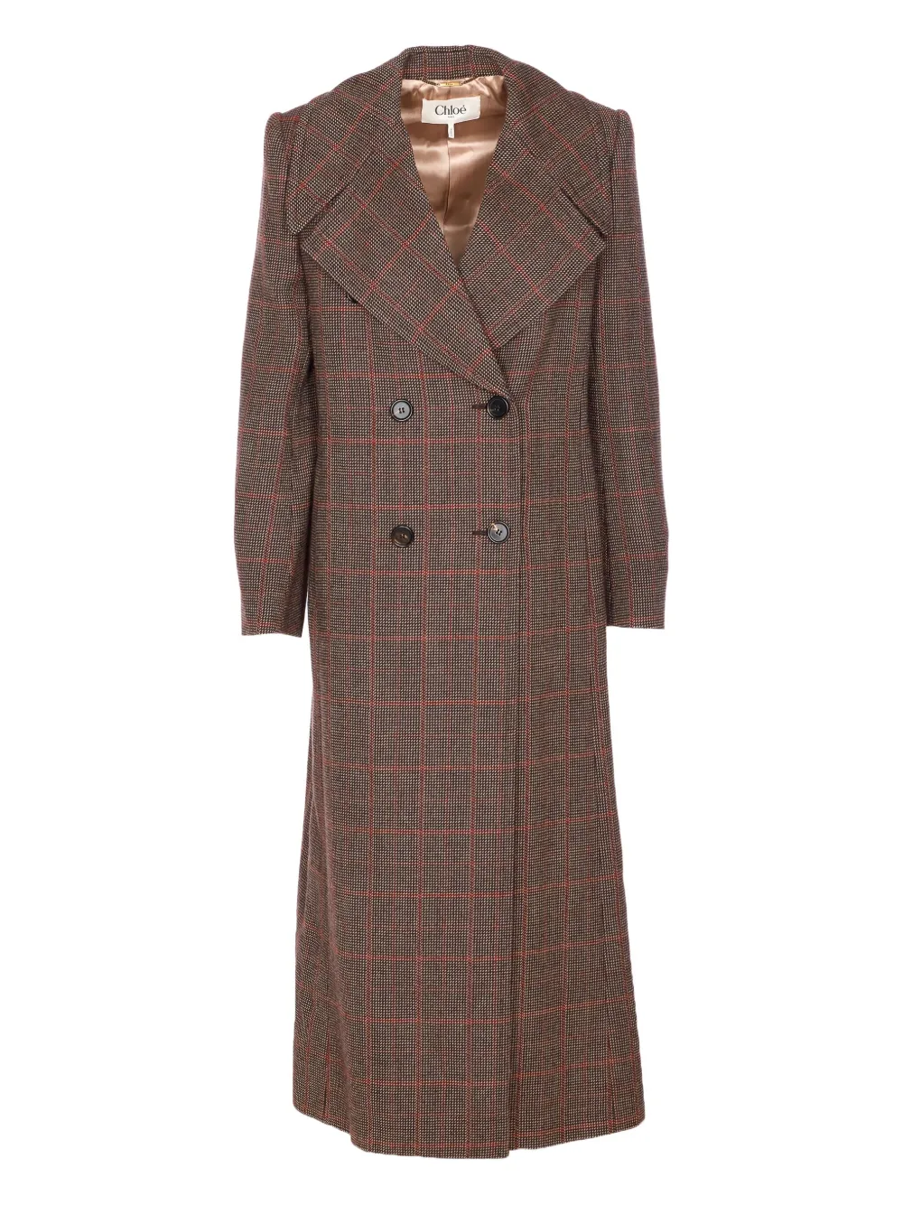 Chloé Checkered Long Length Coat With Prince Of Wales Motif In Brown