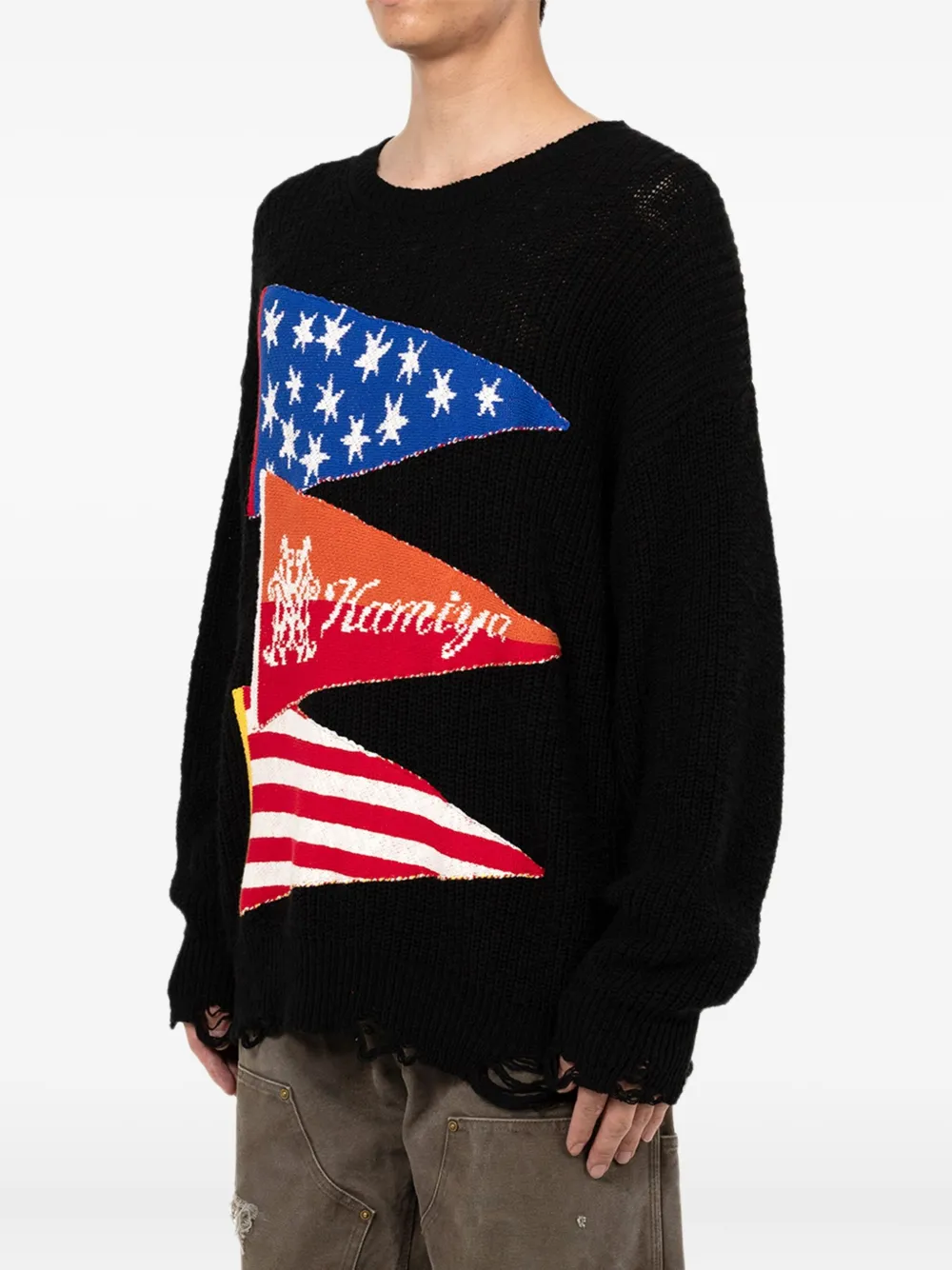  Kamiya Flag Frayed Sweater - Black 