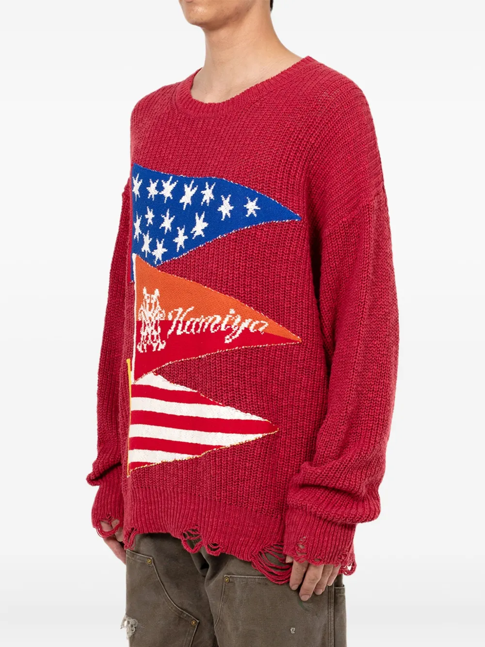  Kamiya Flag Frayed Sweater - Red 