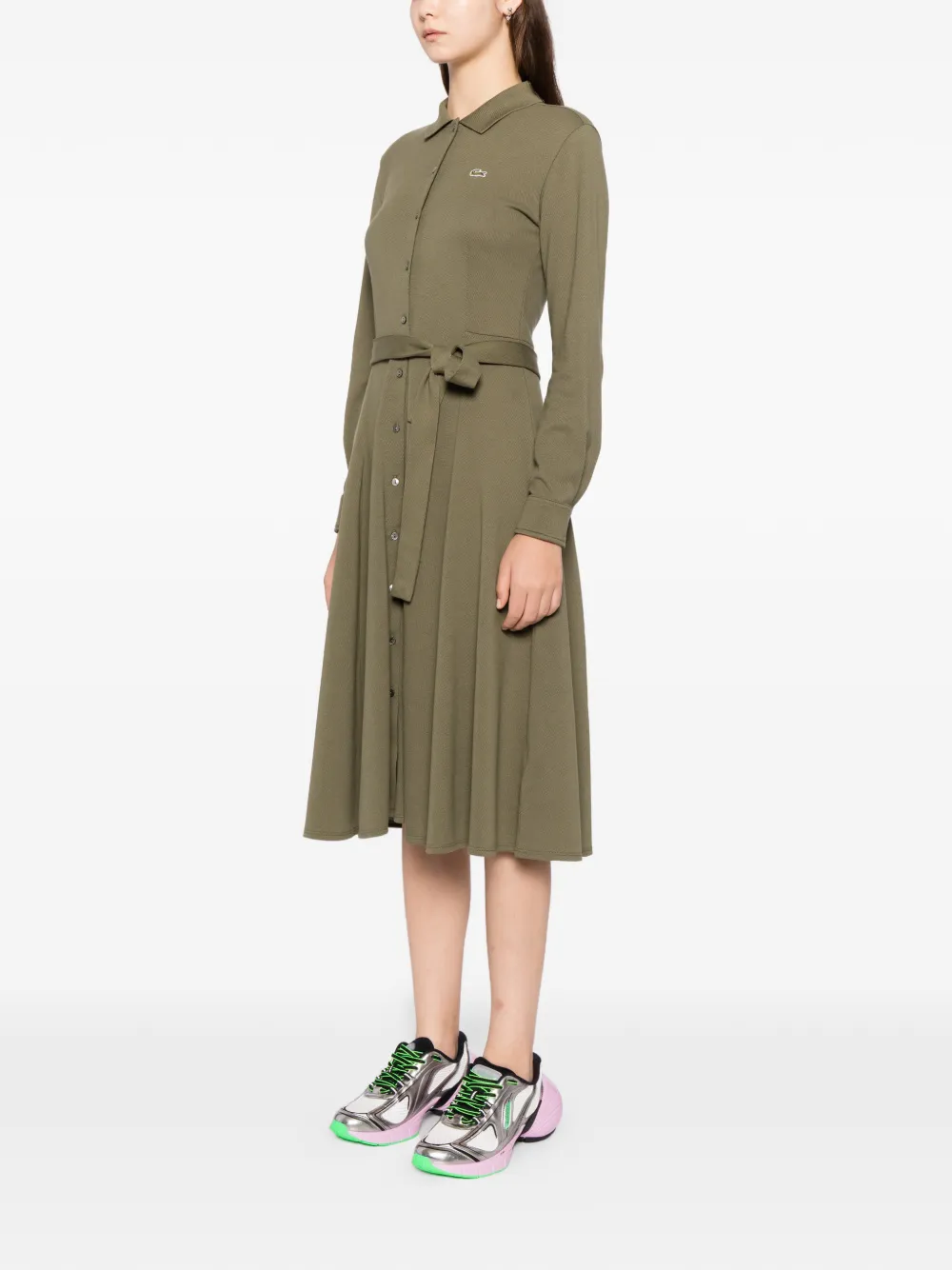 Lacoste Belted Petit Piqué Dress In Green
