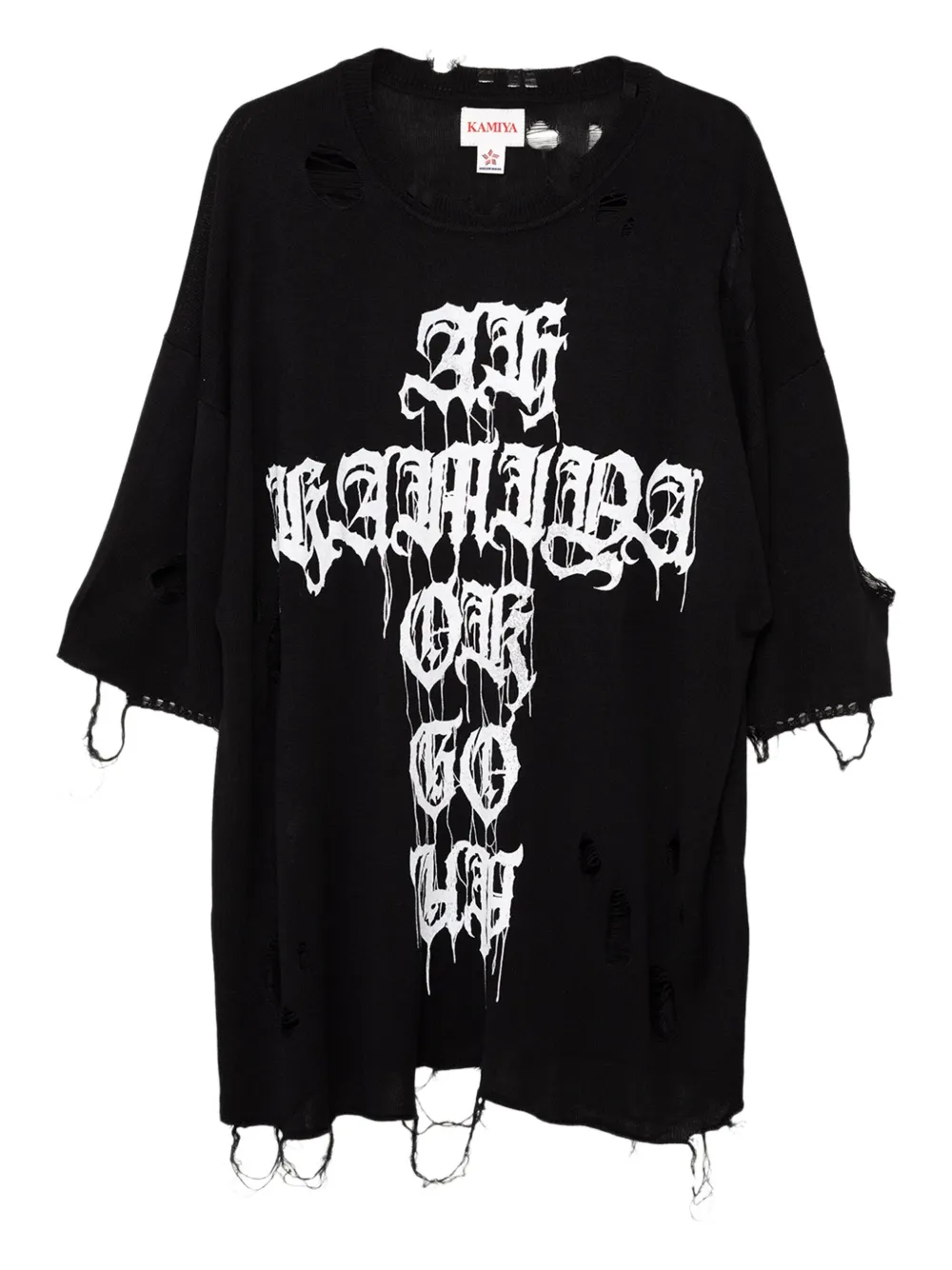 KAMIYA  cross-print distressed T-shirt | Black | Image 1