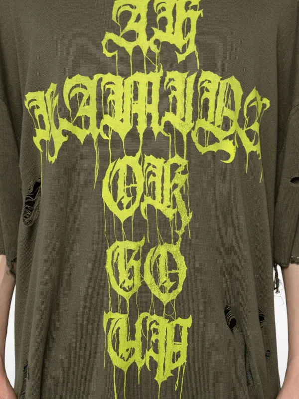 KAMIYA cross-print Distressed T-shirt | Green | FARFETCH