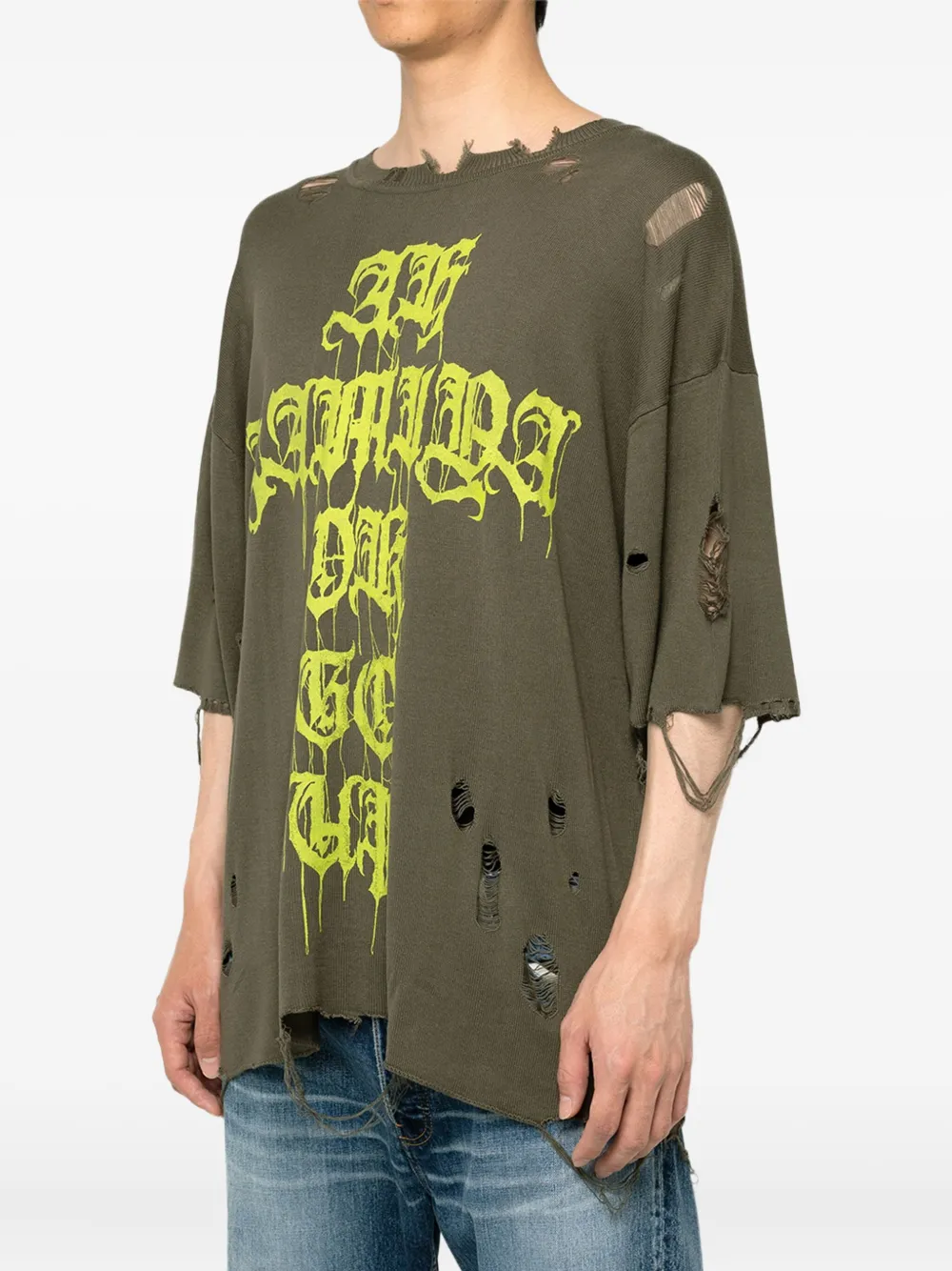  Kamiya Cross-print Distressed T-shirt - Green 