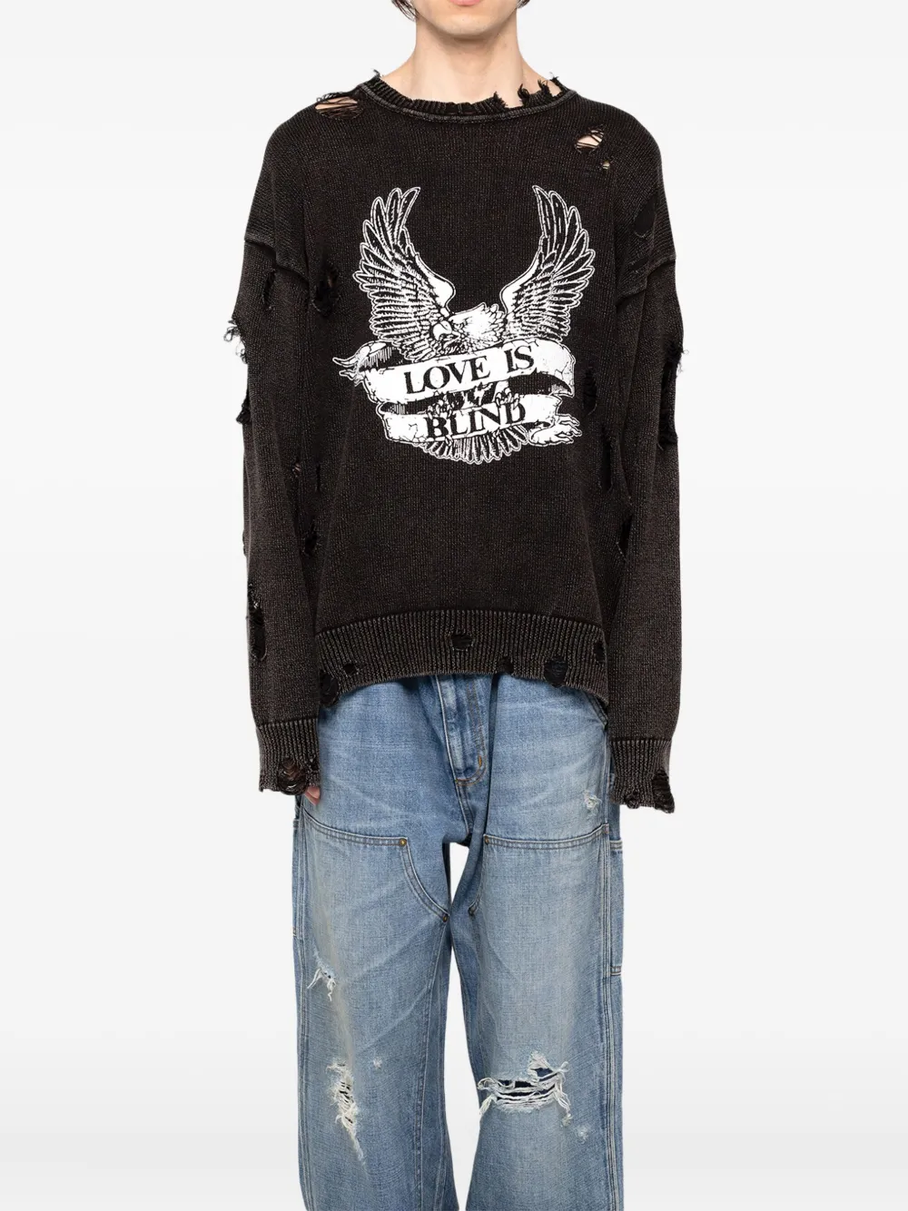 KAMIYA Gerafelde sweater met adelaarprint - Zwart
