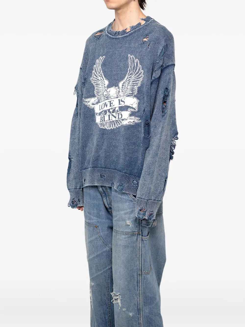 Kamiya Eagle-print Distressed-knit Sweater In Blue