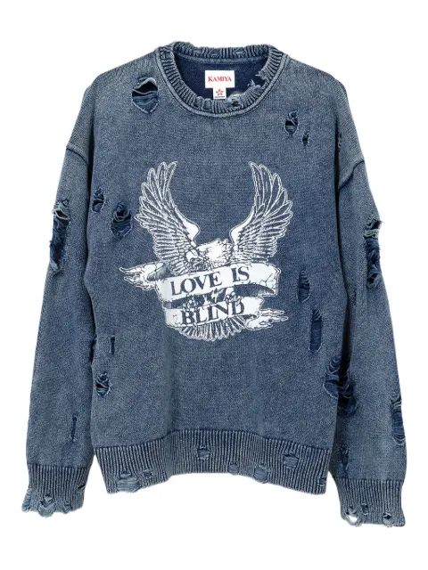 KAMIYA  eagle-print distressed-knit sweater