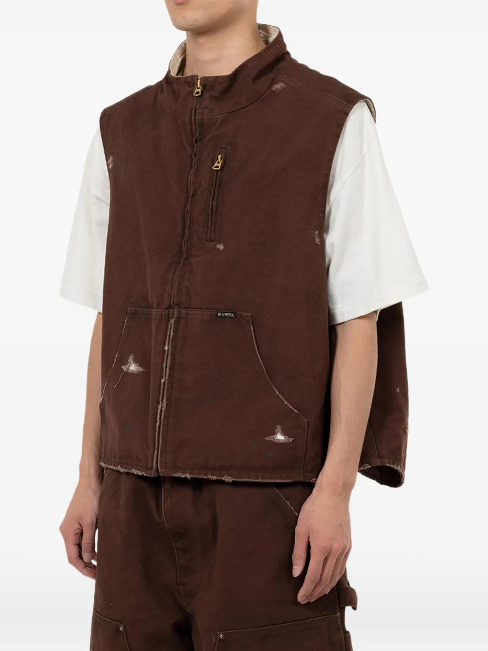  Kamiya Boro Distressed Zip-up Vest - Brown 