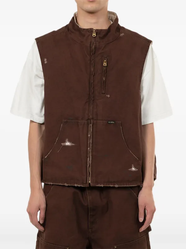 KAMIYA Boro Distressed zip-up Vest | Brown | FARFETCH