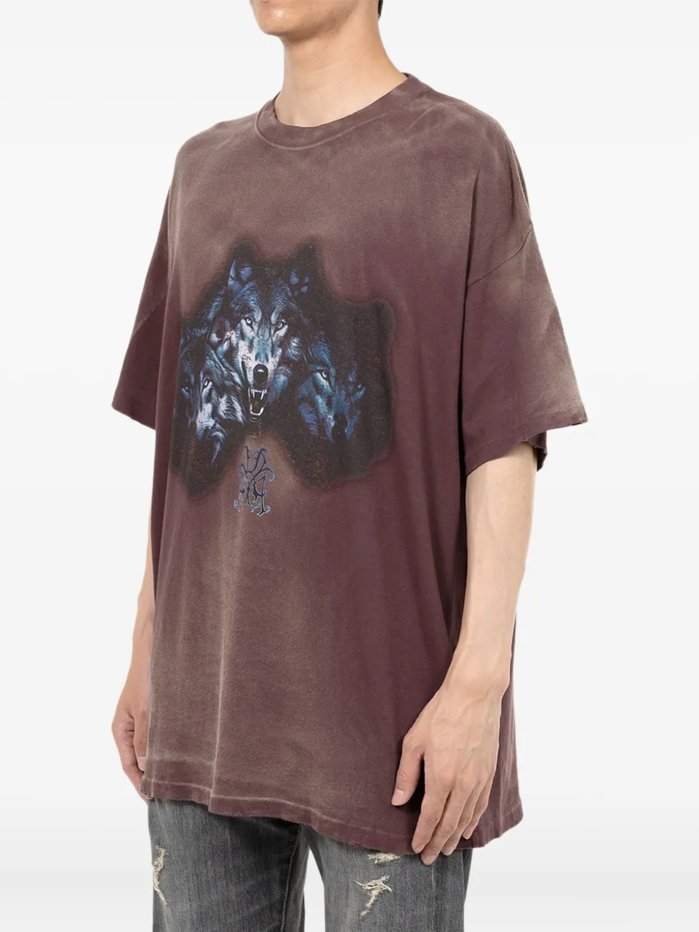  Kamiya Wolf-print Distressed T-shirt - Brown 