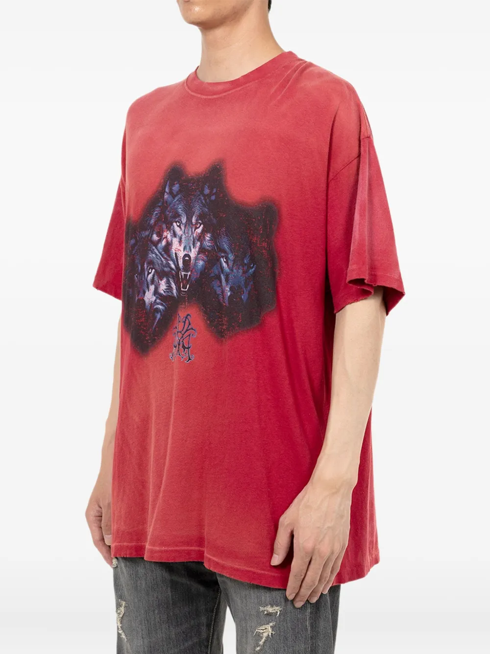  Kamiya Wolf-print Distressed T-shirt - Red 