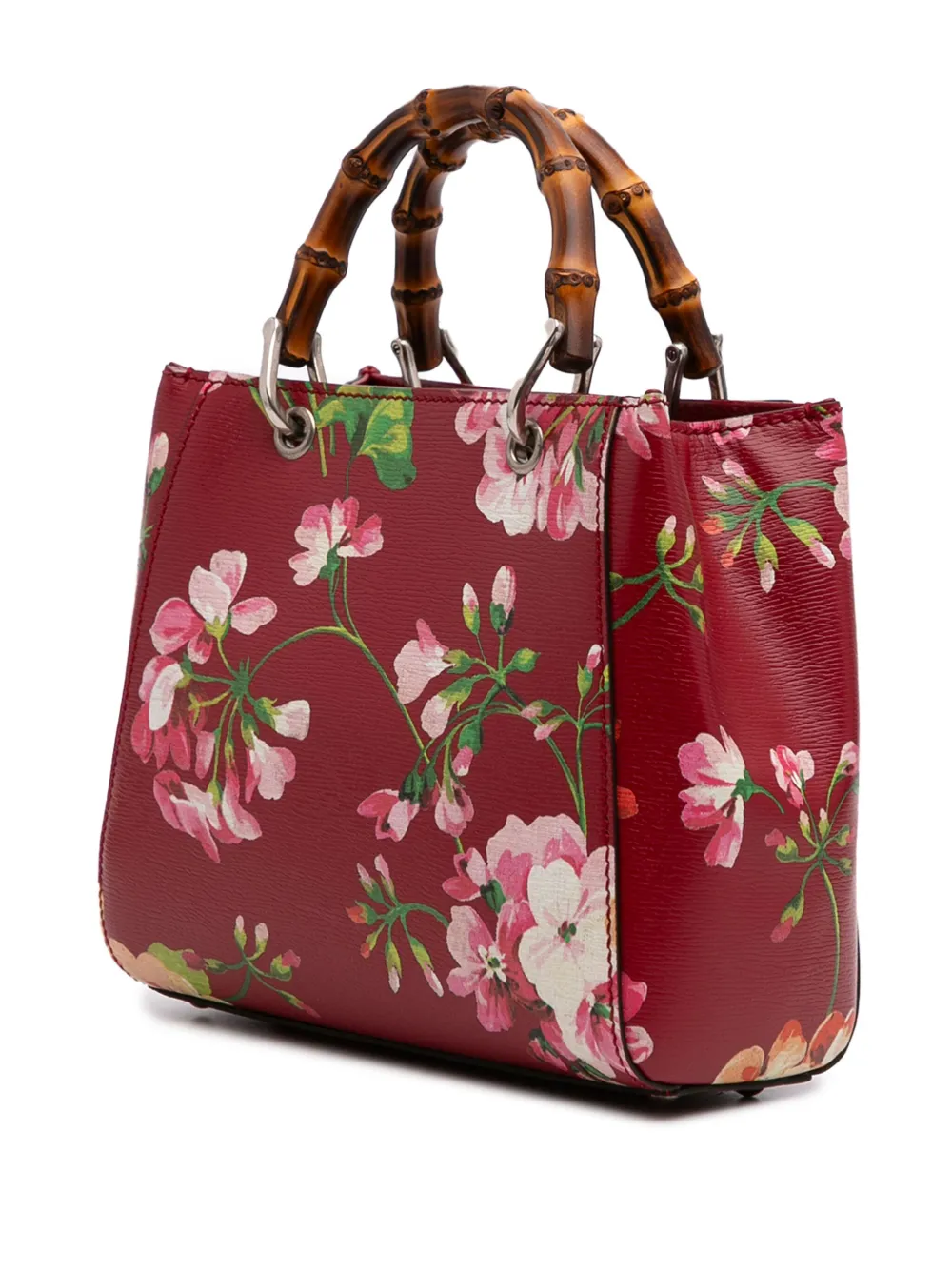 Pre-owned Gucci 2016-2025 Mini Calfskin Blooms Bamboo Shopper Satchel In Red