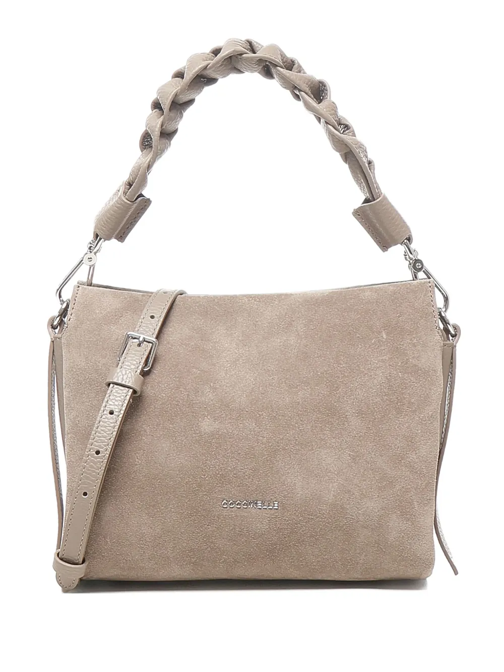Coccinelle Suède schoudertas met gevlochten handvat Beige