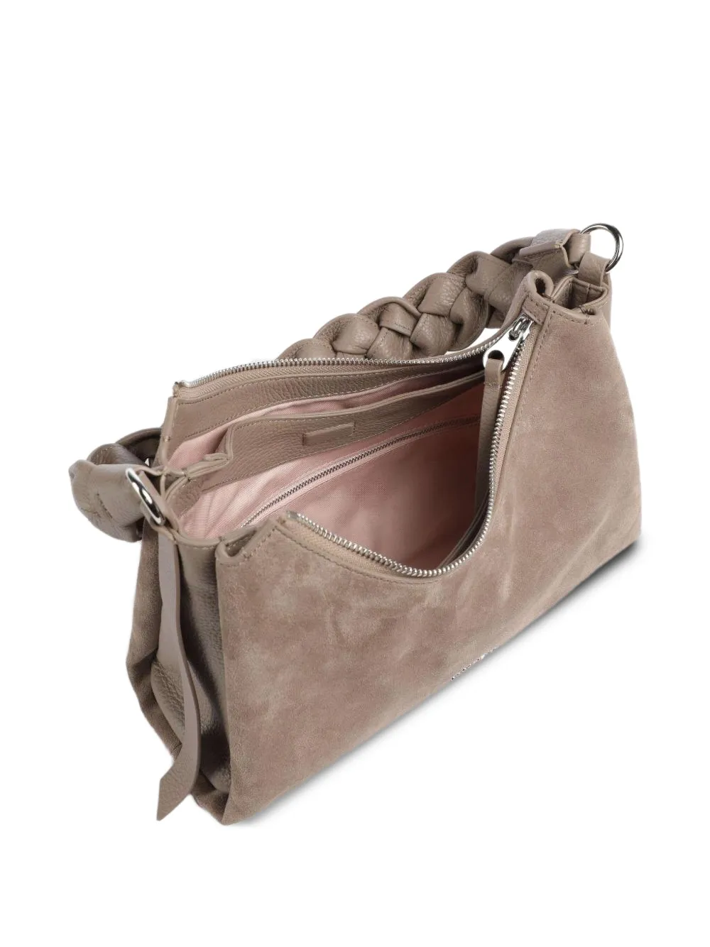 Coccinelle Kleine Boheme suède schoudertas met gevlochten handvat Beige