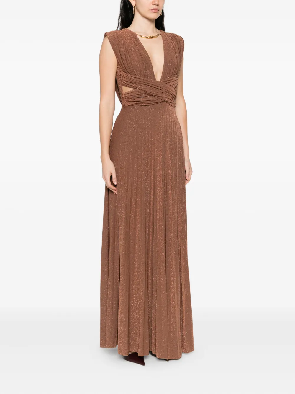 Elisabetta Franchi Geplooide maxi-jurk met gekruiste hals Bruin