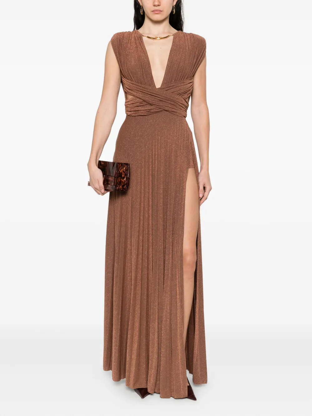 Elisabetta Franchi Geplooide maxi-jurk met gekruiste hals - Bruin