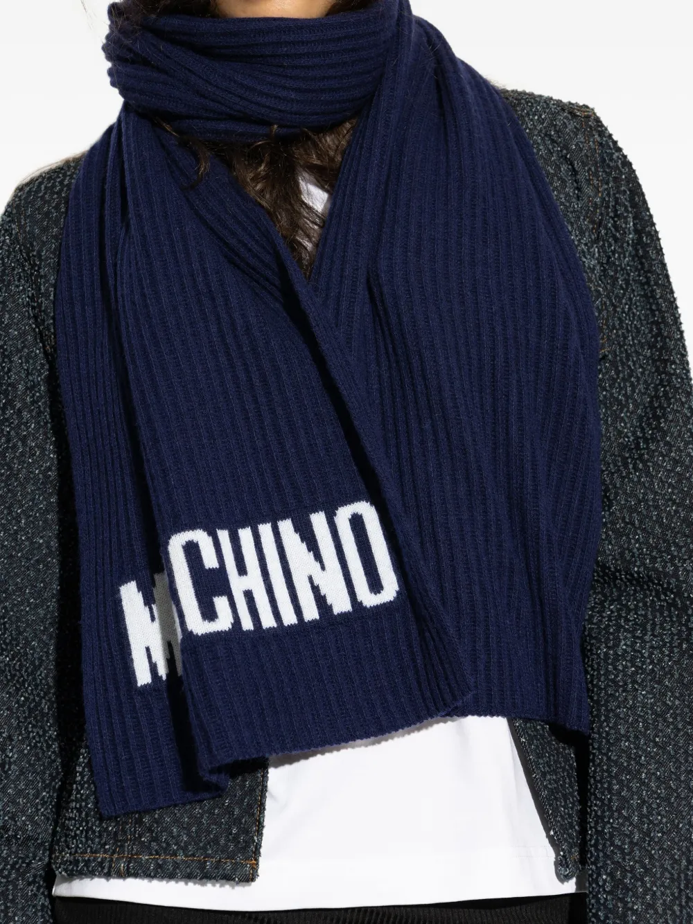 Moschino Geribbelde sjaal met logo Blauw