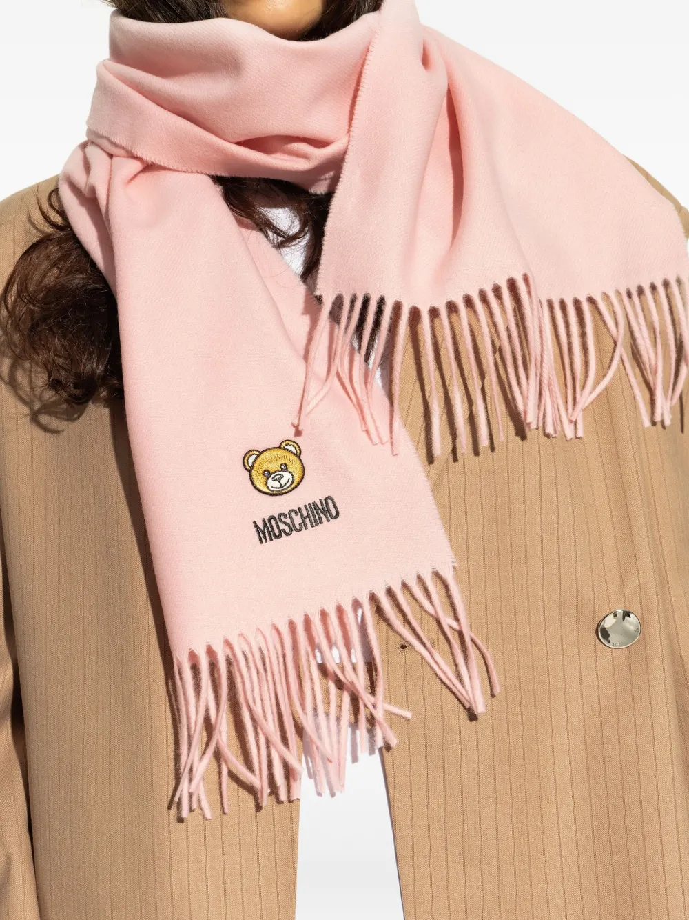 Moschino teddy bear-embroidered fringed scarf Roze