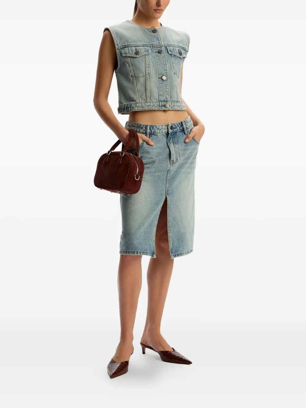 12 STOREEZ Denim midi-rok met split aan de voorkant - Blauw