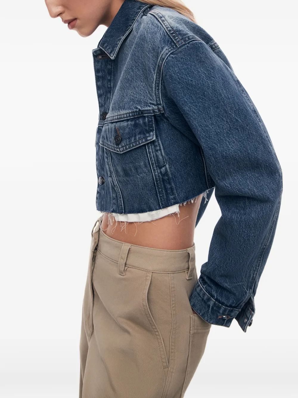12 STOREEZ cropped raw-cut denim jacket Blauw