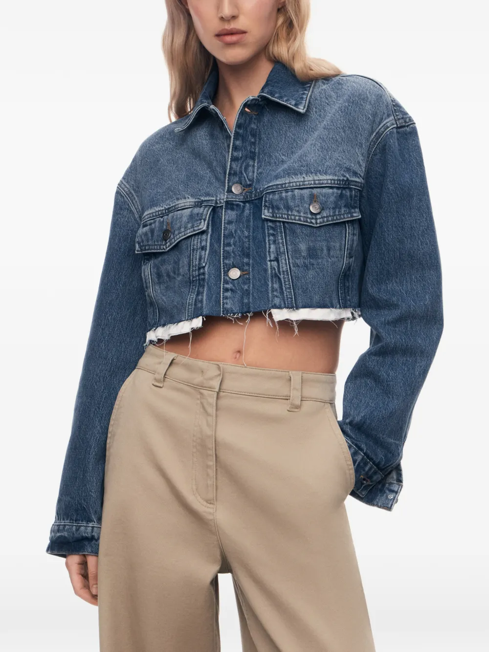 12 STOREEZ cropped raw-cut denim jacket Blauw