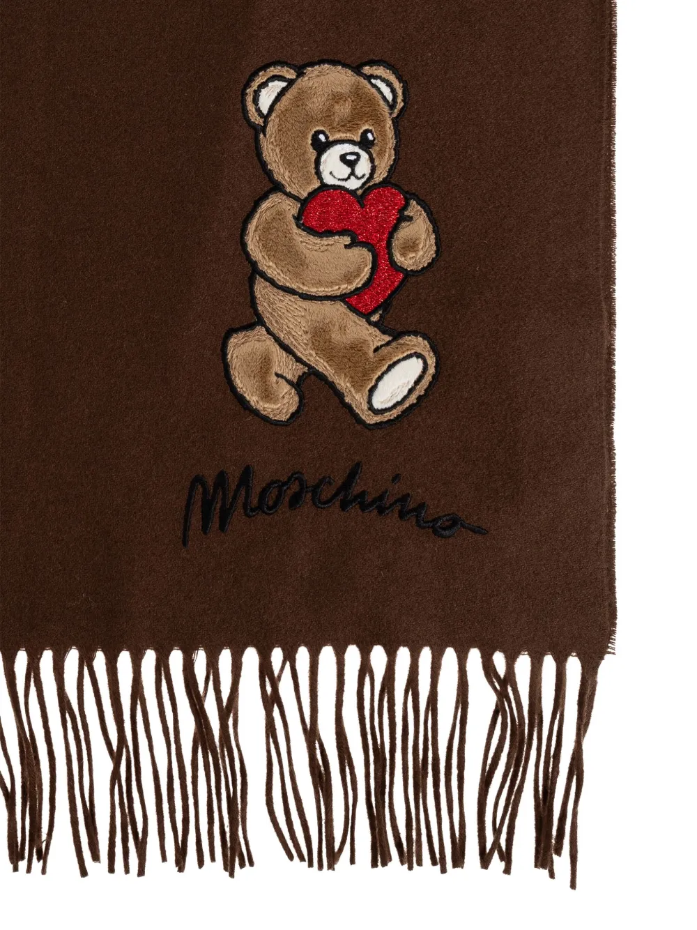 Moschino teddy heart-appliqué wool scarf Bruin