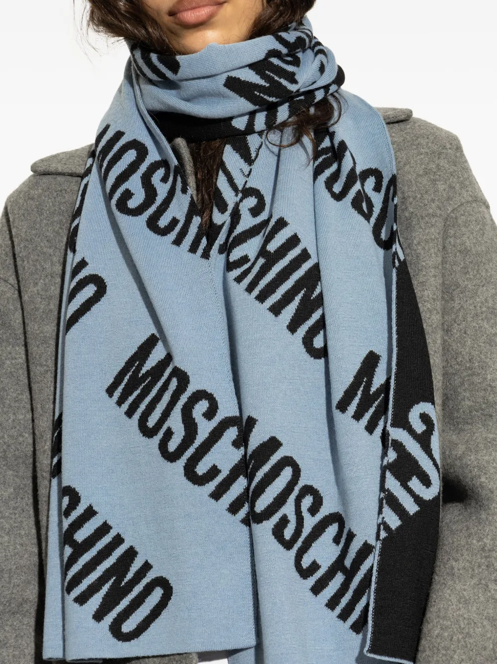 Moschino logo-pattern wool scarf Blauw