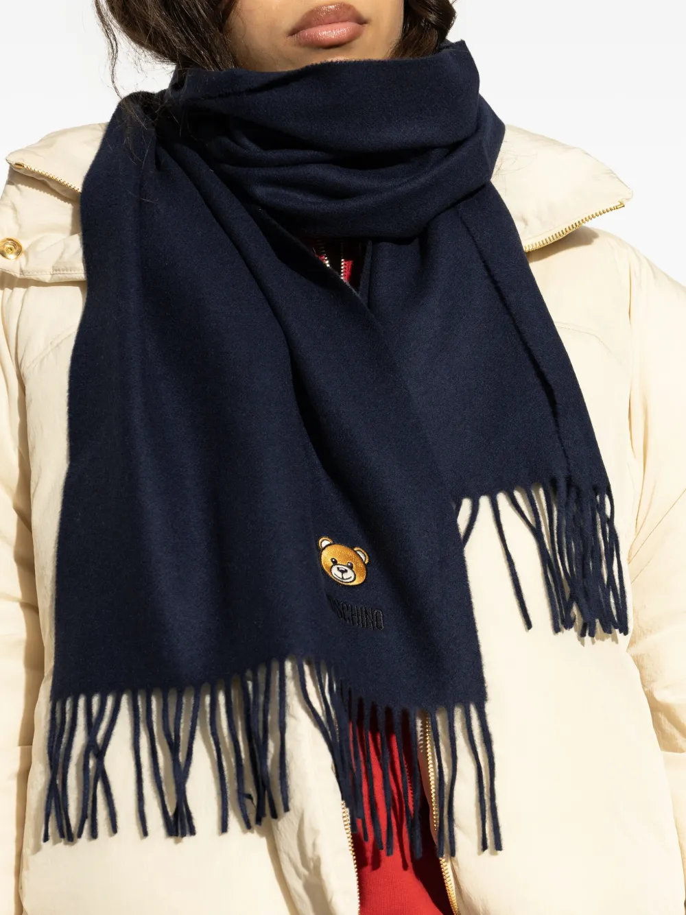 Moschino teddy bear-embroidered fringed scarf Blauw