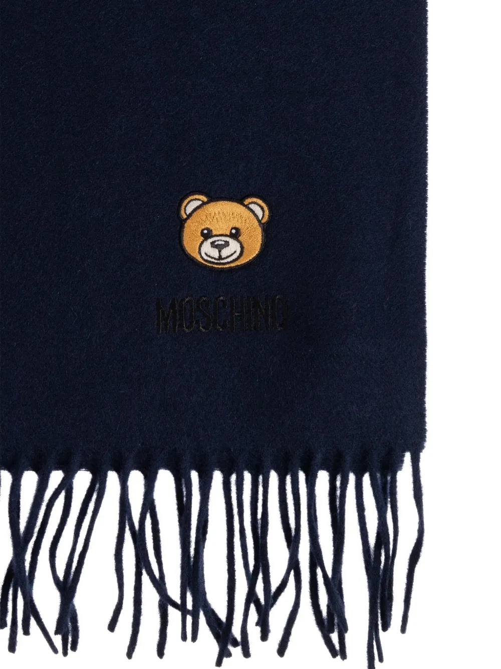 Moschino teddy bear-embroidered fringed scarf Blauw