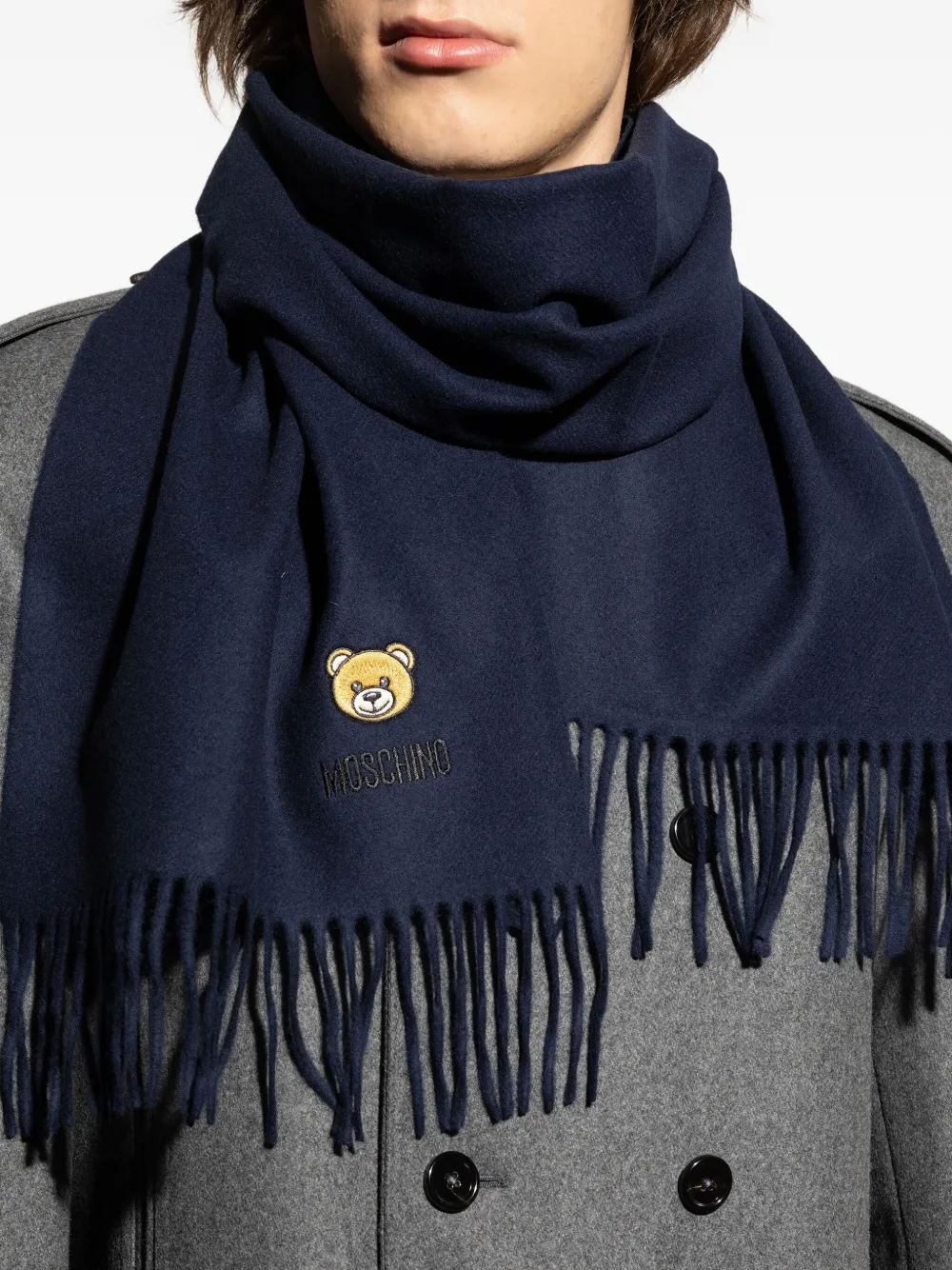 Moschino teddy bear-embroidered fringed scarf Blauw