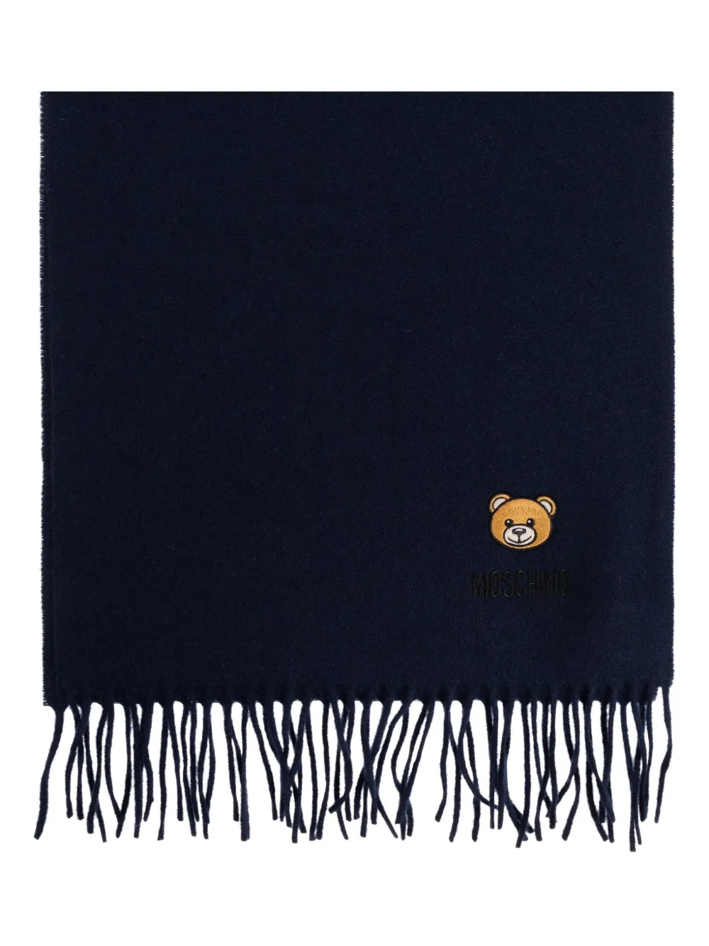 Moschino teddy bear-embroidered fringed scarf Blauw