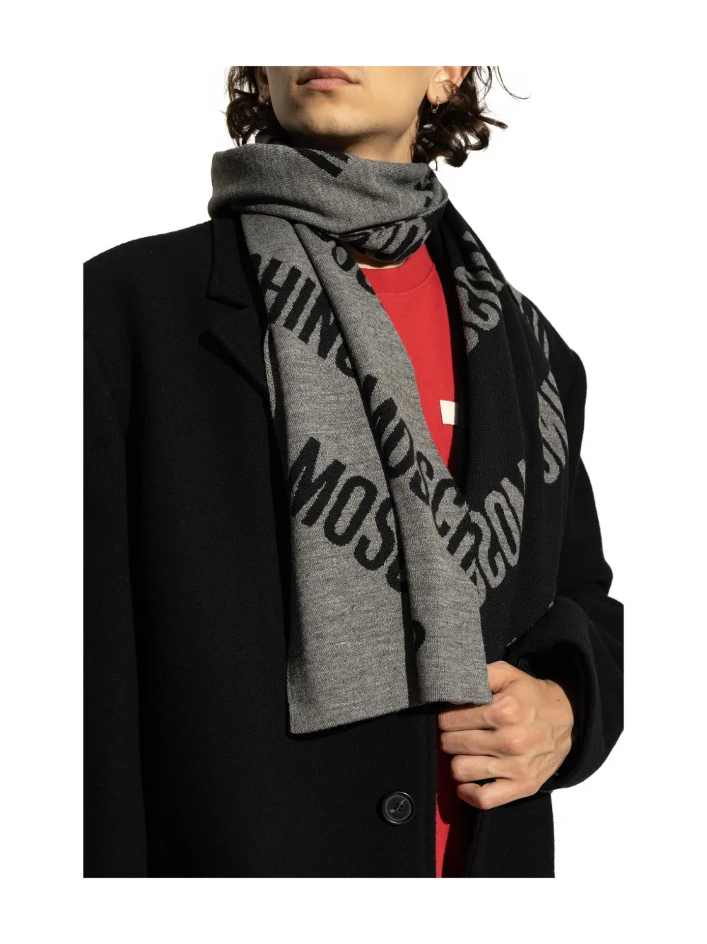 Moschino logo-pattern wool scarf Grijs