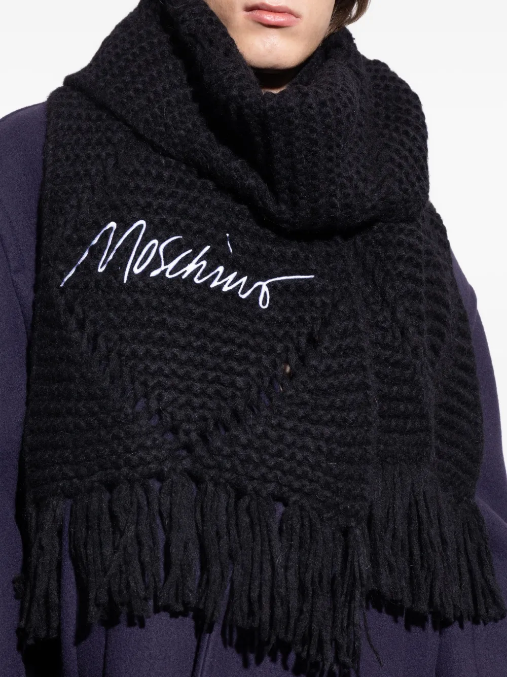 Moschino Kabelgebreide sjaal met franje Zwart