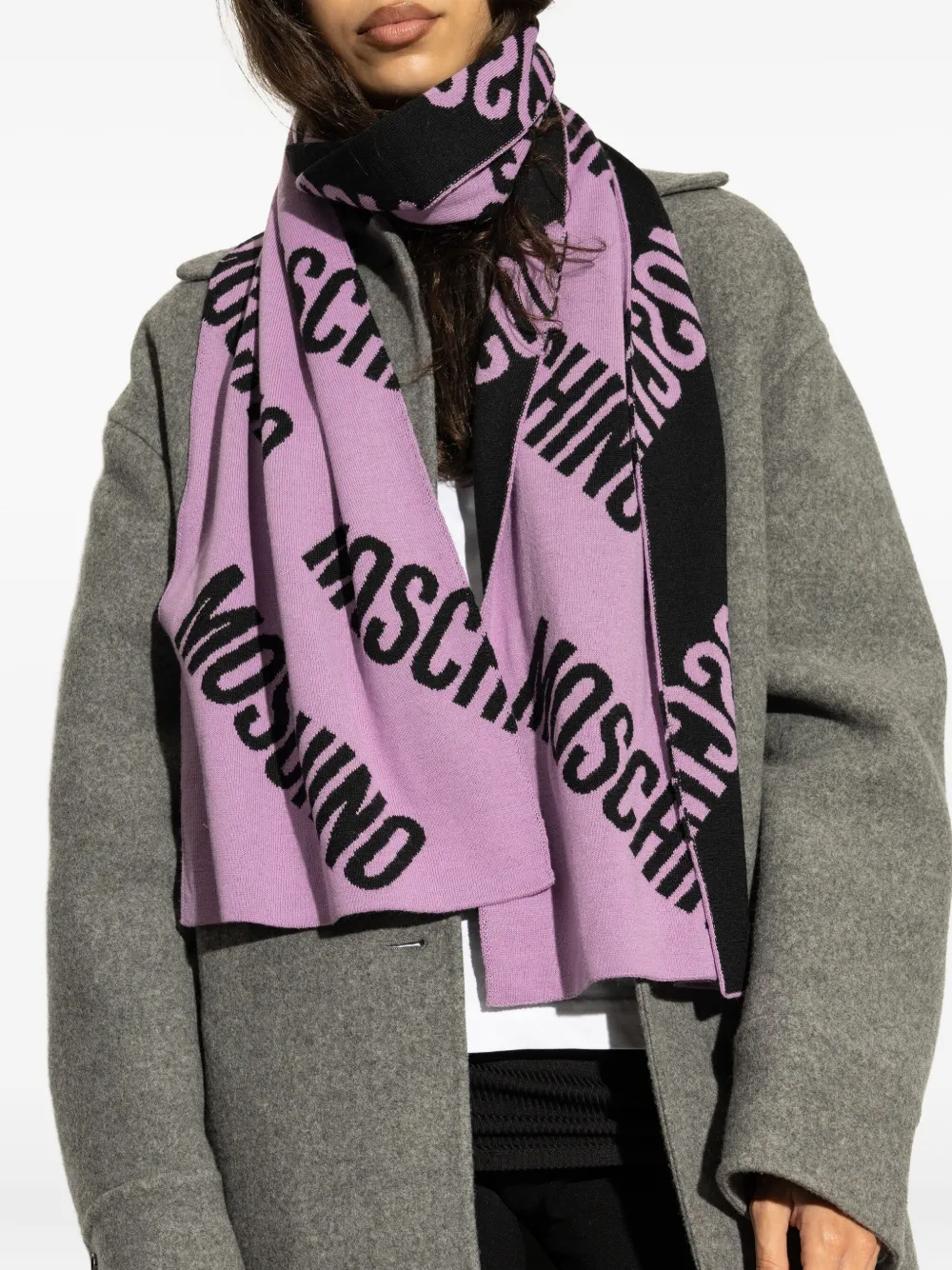 Moschino Logo-pattern Wool Scarf In Purple