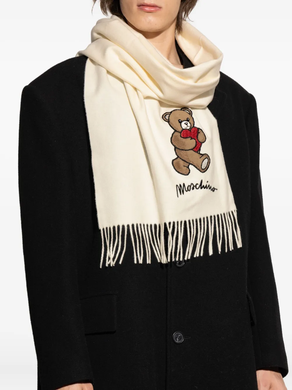Moschino Wollen sjaal met geborduurd teddyhart Beige