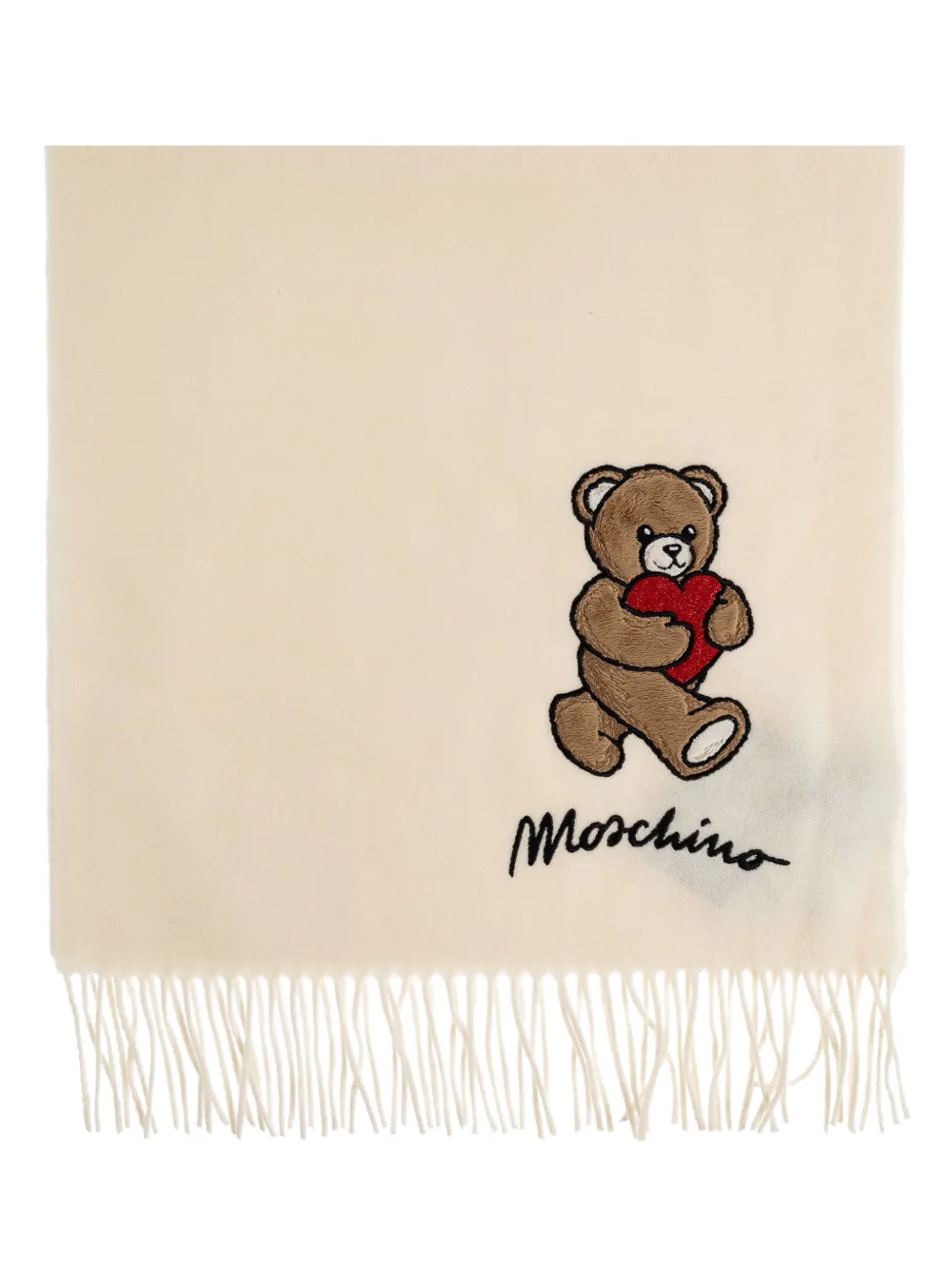 Moschino Teddy-heart Embroidered Wool Scarf In Neutral