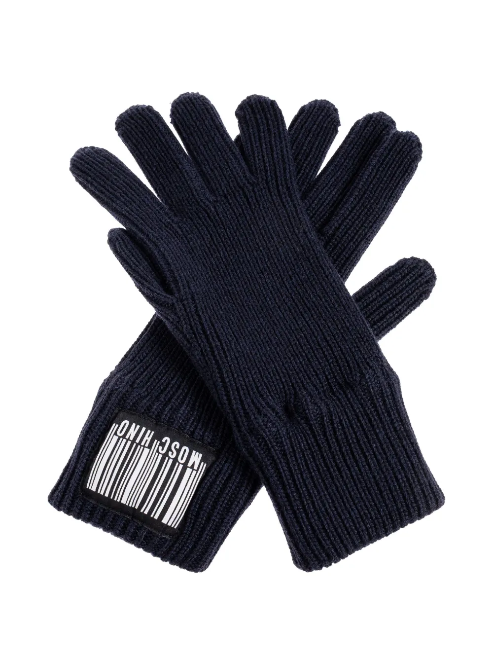 Moschino barcode-appliqué ribbed gloves Blauw