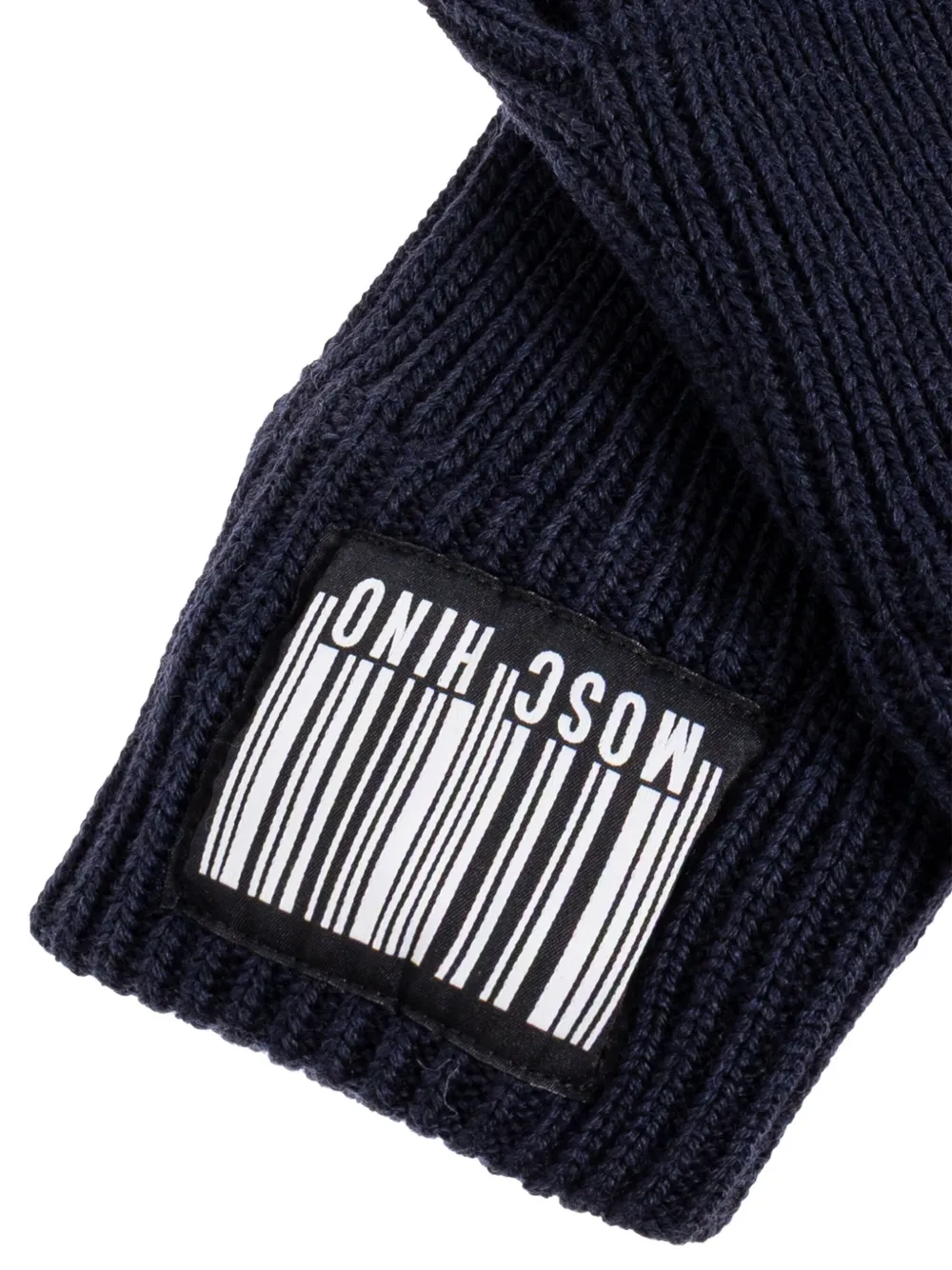Moschino barcode-appliqué ribbed gloves Blauw