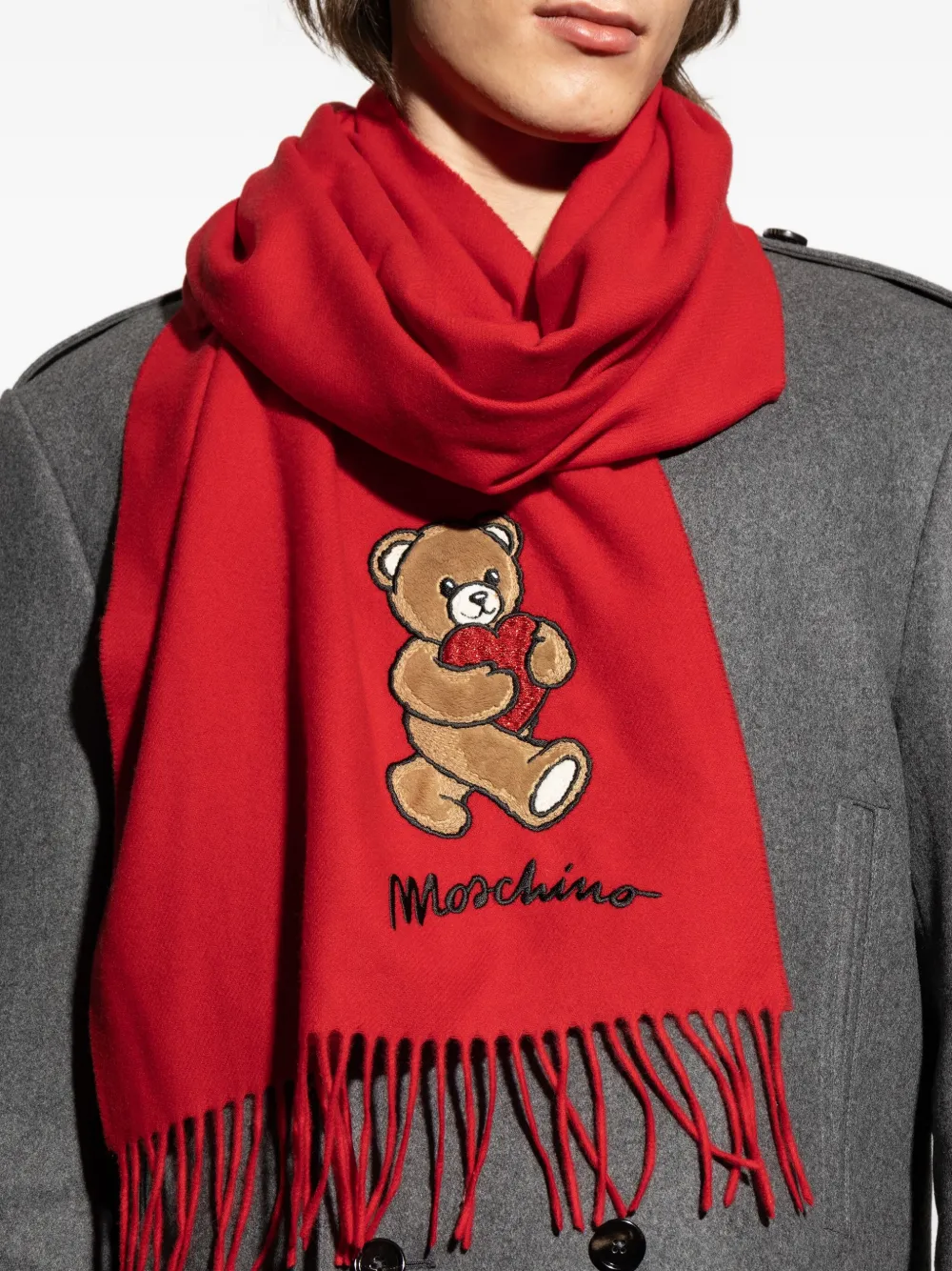 Moschino teddy bear-appliqué wool scarf Rood