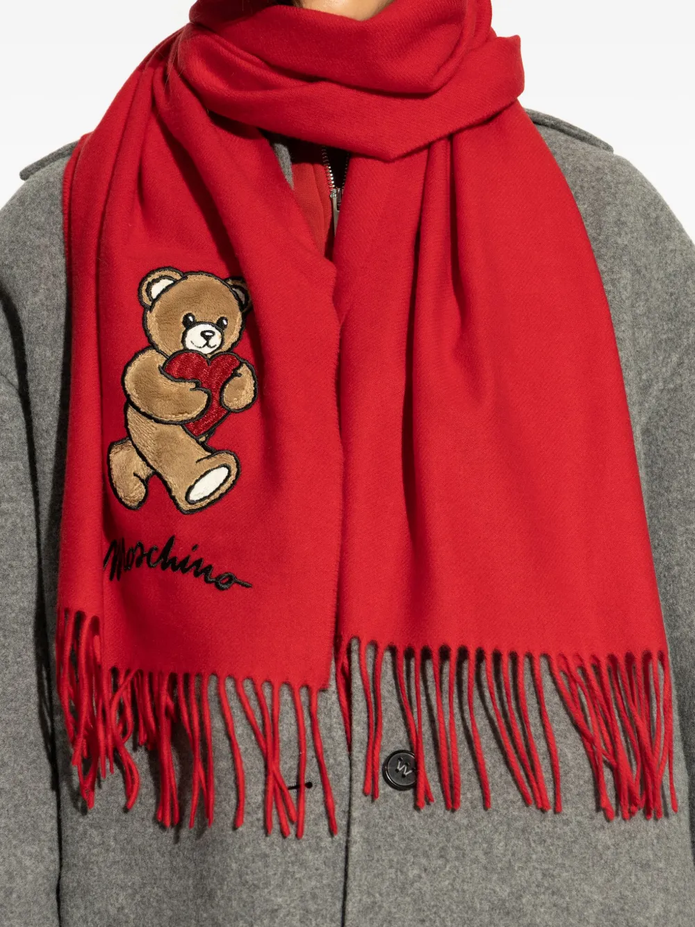 Moschino teddy bear-appliqué wool scarf Rood